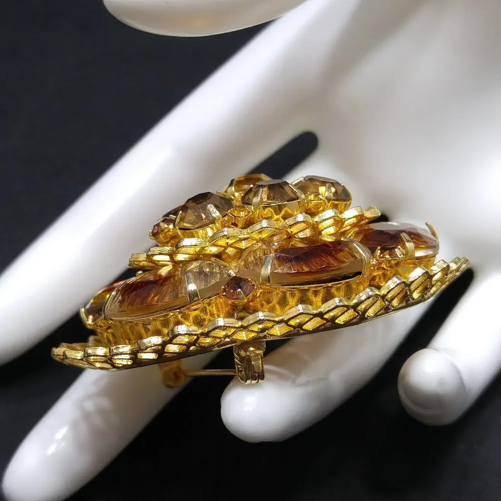Light Dark Topaz Rhinestones Filigree Brooch, Art Glass, Two Tiered Oval Pin